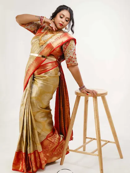 A classic, elegant pose showcasing the beautiful Kanjivaram saree and the complementary bridal makeup.
