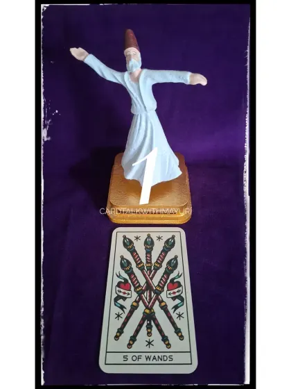 This is the August TarotScope reading for the Five of Wands. This card represents conflict and competition. The guidance is to step back, observe before reacting, and choose your battles wisely.