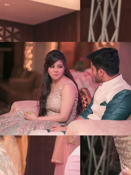 A candid moment of the couple seated and talking during their engagement party. Even in quiet moments, their connection is clear.