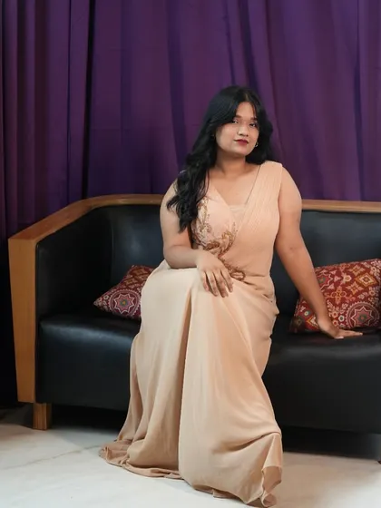A simple and elegant beige gown, also available for rent at just ₹599. Looking good doesn't have to be expensive.