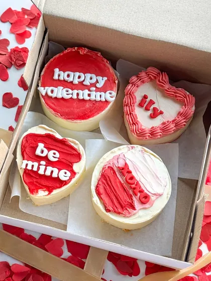 My Valentine's Day bento cake collection is all about spreading the love. This set includes heart-shaped and round mini cakes with messages like "be mine," "ily," and "xoxo," all beautifully packaged and ready for gifting.