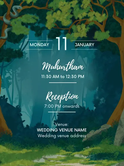 This is the 'details' card from the jungle-themed wedding invite. The design continues the enchanting forest background, creating a cohesive and magical stationery set for the wedding events.