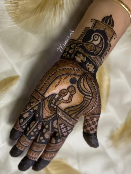 A special design for Karwa Chauth, featuring a woman looking at the moon through a sieve. The wrist cuff includes a beautiful peacock in a jharokha (window).