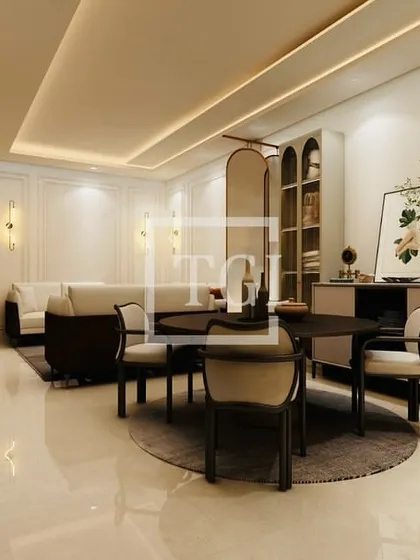An overview of a proposed living and dining area. The open-plan layout is defined by classic wall paneling, contemporary furniture, and a cohesive color palette that connects the different zones of the room.
