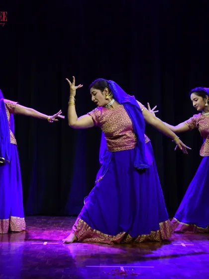 Our adult Kathak students performing at Nritya Sanje. Their coordinated movements and vibrant costumes brought so much energy to the stage.