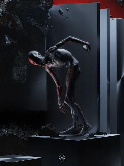A piece titled "VOID," showing a gaunt figure trapped between shifting monoliths. This work explores a more abstract, psychological horror, focusing on form, shadow, and the feeling of being crushed by an unseen force.