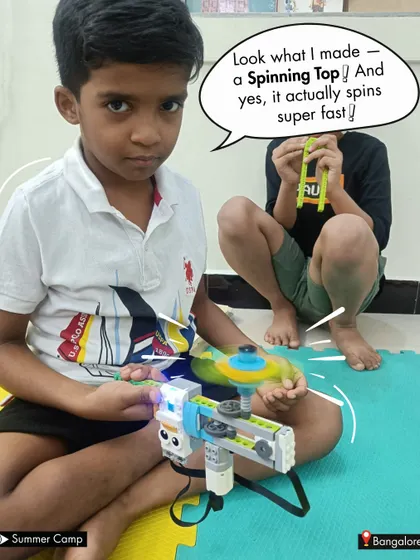 "Look what I made - a Spinning Top! And yes, it actually spins super fast!" This summer camp project teaches kids about gears, momentum, and rotational energy.