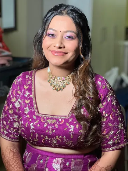 Nehal for her Mayera ceremony. We went with a beautiful purple eyeshadow to match her stunning embroidered lehenga.