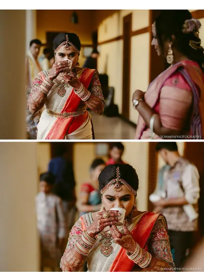 A collage of a bride enjoying her filter coffee. A fun and relatable series that shows the real person behind the beautiful bridal attire.