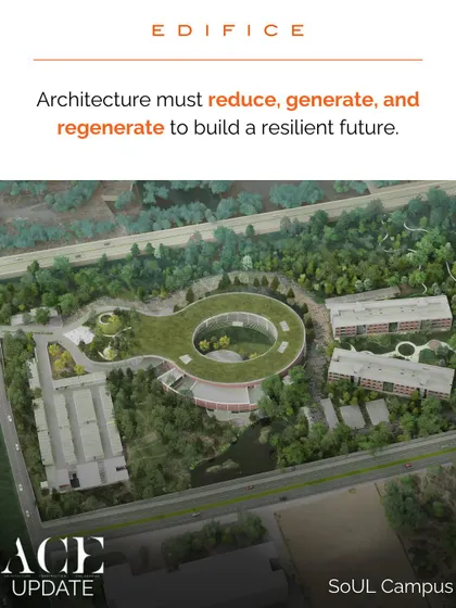 The design for the SoUL Campus embodies our core principle: architecture must reduce, generate, and regenerate. This aerial view highlights the integration of a green roof and biophilic forms, representing our commitment to creating net-zero, resilient buildings.