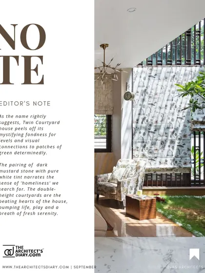 An editor's note from The Architect's Diary about our Twin Courtyard House. The feature praises the home's use of double-height courtyards and its blend of materials to create a sense of serenity.