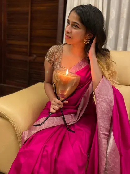 Our dear Sanju closing the Navratri series in a gorgeous pink saree for Day 9. Pink symbolizes kindness, harmony, and affection.