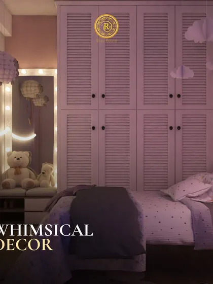 Whimsical decor for a dreamy escape. This child's bedroom features soft purple tones, cloud decorations, and a cozy reading nook with a teddy bear, creating a charming and magical retreat.