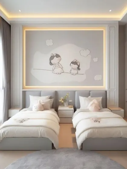 This sweet and simple shared room features a charming wall illustration as the main decoration. The clean, light grey color scheme and ample natural light create a bright and calming atmosphere for children.