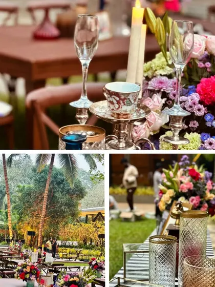 A collage showing a reception in a garden setting. We used long wooden tables, colorful floral centerpieces, and candlelights to create a rustic yet elegant dining experience.