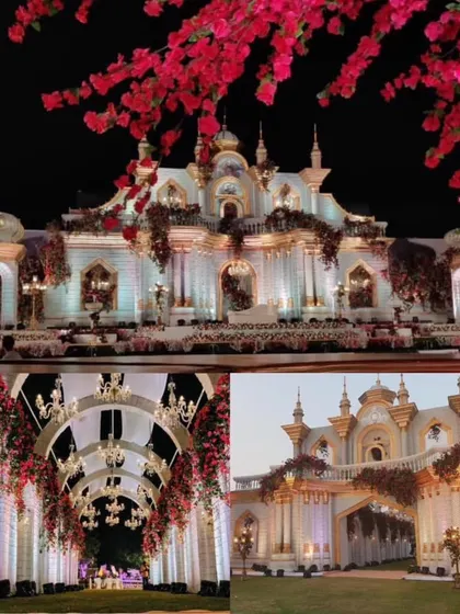 A collage showcasing different angles of the magnificent palace facade created for a wedding, highlighting the grand entrance, floral details, and overall architectural splendor.