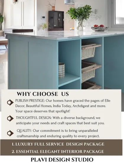 Why choose us? This graphic highlights our press features in publications like Elle Decor and ArchDigest, our thoughtful design approach, and our commitment to quality craftsmanship.