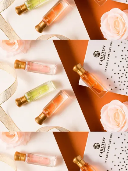 A graphic and elegant composition of Carlton London perfume bottles. This triptych-style image showcases the products from different angles and layouts, creating a dynamic visual that is perfect for a brand's lookbook or social media feed.