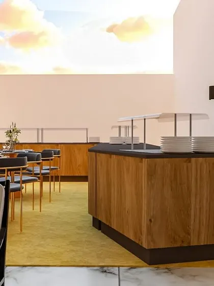 A 3D render of a modern marriage hall, showcasing an elegant outdoor buffet and dining area with a vertical garden wall.