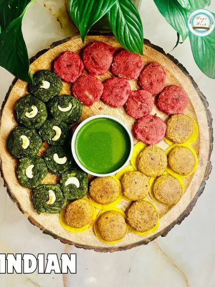 A vibrant platter of our Indian appetizers. This dish showcases our colorful variety of vegetarian kebabs, including beetroot and hara bhara, served with a fresh green chutney.