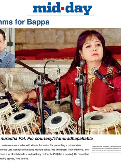 A Mid-day newspaper clipping titled 'Rhythms for Bappa', covering my unique jugalbandi performance for 'The Painted Prayer' art exhibition, where I played multiple tablas to celebrate Lord Ganesha.