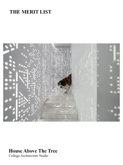 A black and white photograph capturing the dramatic play of light and shadow created by the perforated screen at the House Above The Tree. This image emphasizes the graphic and textural quality of the light itself.