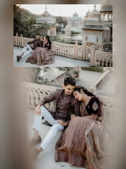 A collection of romantic moments from Ayush and Akshitha's heritage shoot. The soft light and the couple's gentle interactions on the rooftop create a dreamy and timeless feel.