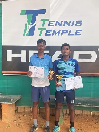 Ishaan Yadlapalli and his opponent after the UTR tournament at Tennis Temple academy in Bangalore. Ishaan emerged as the winner, showcasing his competitive edge.