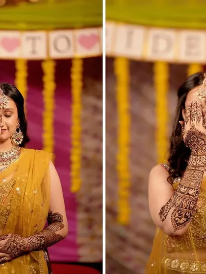 A diptych of the bride playfully hiding her face with her henna-covered hands. The "Bride to Be" banner in the background adds to the pre-wedding excitement.