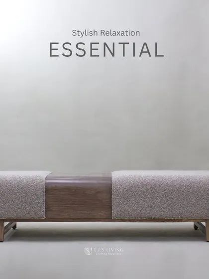 This stylish ottoman is an essential piece for relaxation. It combines a textured fabric with a smooth wooden center panel, all resting on an elegant, low-profile base.