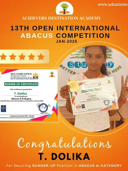 We celebrate T. Dolika from Kurnool for her runner-up position in the international abacus competition. Her hard work is an inspiration.