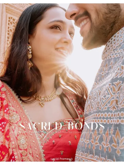 "Sacred Bonds." A sun-flared, intimate close-up that beautifully captures the couple's connection.