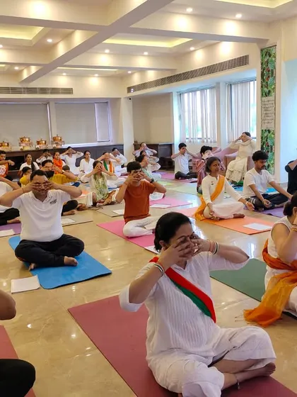 Participants practice Bhramari Pranayama (Bee Breath) during our Independence Day celebration. This calming breathwork was a perfect way to find inner peace amidst the festivities.
