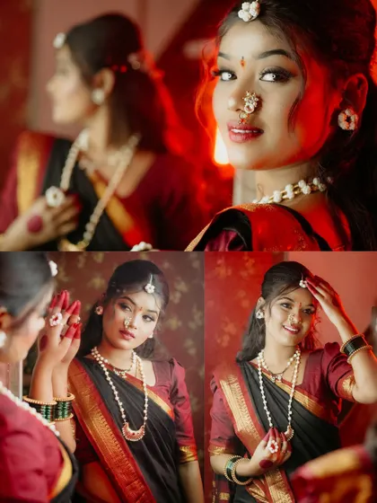 A creative collage showing a woman getting ready for Makar Sankranti, with mirror reflections and dramatic red lighting adding to the festive mood.