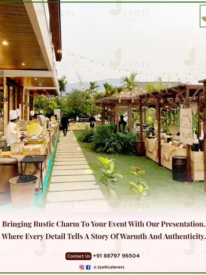Bringing rustic charm to an outdoor event with wooden barrel counters and pergola-style stations. Every detail tells a story of warmth and authenticity.