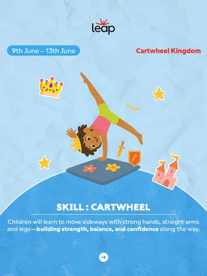 Welcome to Cartwheel Kingdom week. Children learn to move sideways with strong hands and straight legs, building strength, balance, and confidence along the way.