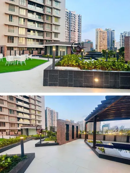 The landscaped recreation deck at Ekta Tripolis. This space was designed to offer residents a variety of outdoor experiences, from a green lawn for social gatherings to a semi-private lounge area under a pergola.