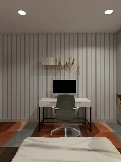 A playful kid's room render featuring a striped wallpaper accent wall behind a simple, modern study desk. The colorful rug adds energy and fun to the space.