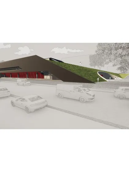 From the road, the building is experienced as a dynamic form that slides into the landscape, balancing its mass with the surrounding green space.