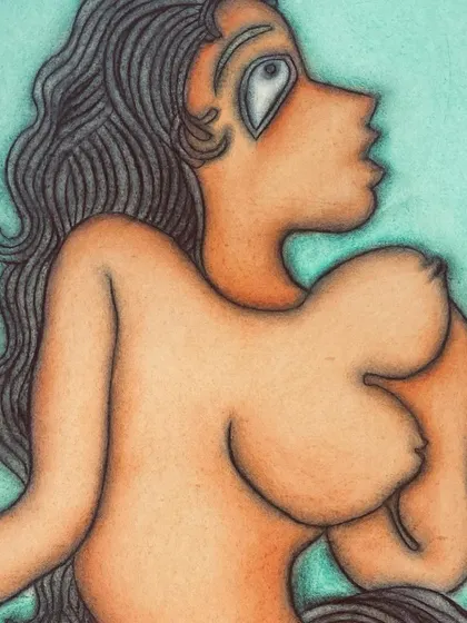 A cropped detail of the Prokash Karmakar nude, focusing on the subject's form and the artist's distinctive use of line and color. I help collectors understand the context of such revolutionary artists from Bengal.