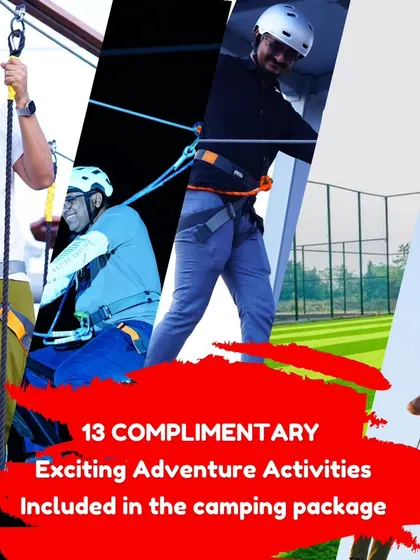 Our camping packages come with 13 complimentary adventure activities. This graphic highlights some of the exciting rope courses and ziplines your team can experience.