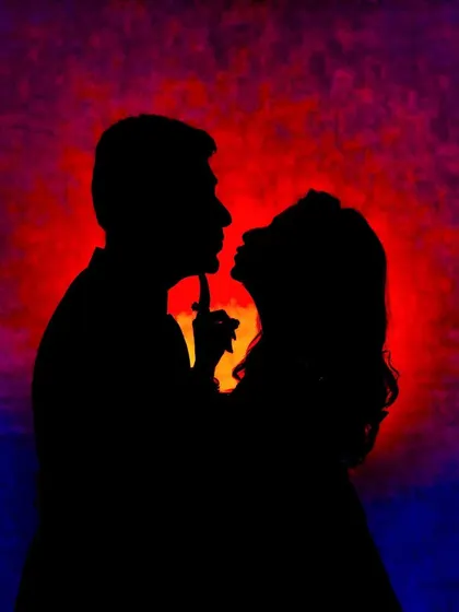 A dramatic silhouette against a fiery, colorful background. This is a highly artistic portrait created using off-camera flash and gels.