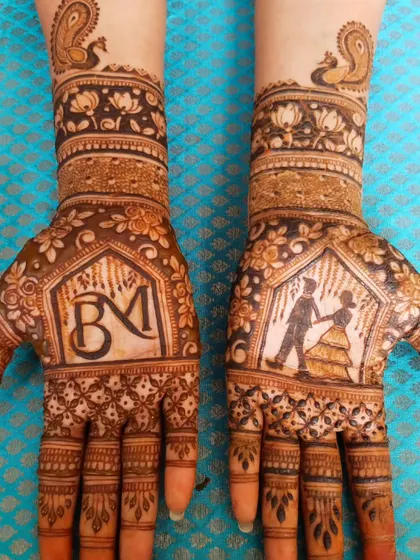 A romantic design for a couple, featuring their initials and a portrait of them dancing. The house motif symbolizes the new home and life they are building together.