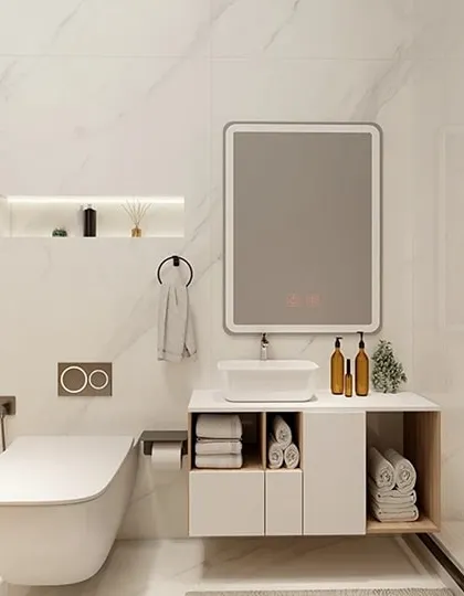A duplicate of our bright and modern bathroom visualization, highlighting the clean lines of the floating vanity, wall niche, and frameless glass shower partition.