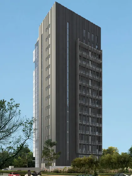 The solid, textured facade of this office building concept is designed to minimize heat absorption. A narrow vertical window slit provides a sliver of light, demonstrating a solar passive approach that prioritizes insulation and reduced energy consumption.