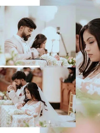 A collage of the couple praying together during their church wedding ceremony.