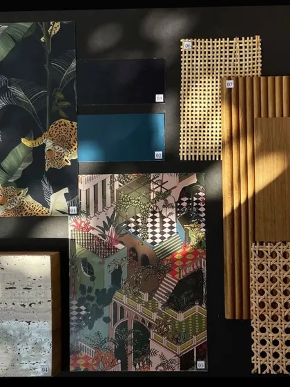 This mood board for a restaurant project combines bold, tropical wallpapers with different types of wood and cane for a layered, eclectic look.