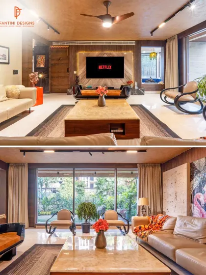 Two different moods in one living space. One side is perfect for movie nights with its cozy setup, while the other side, with its view of the garden, is ideal for morning coffee. It’s all about creating versatile living areas.