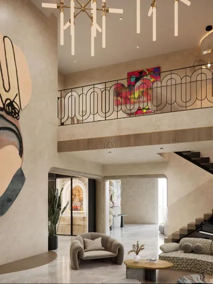 Another view of the Kolkata home's living area, showing the mezzanine level with its custom metal railing that continues the home's organic, flowing design language.