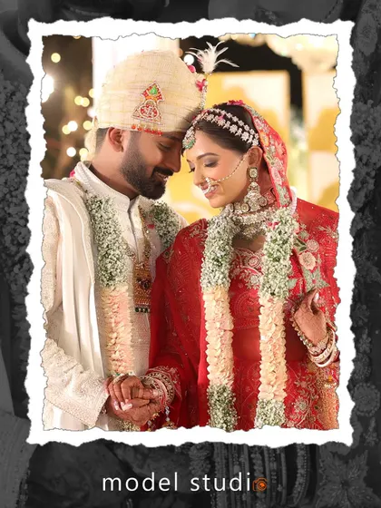An artistically framed photo of a couple during their wedding ceremony. The torn-paper effect adds a creative touch to this classic, intimate portrait of the bride and groom.